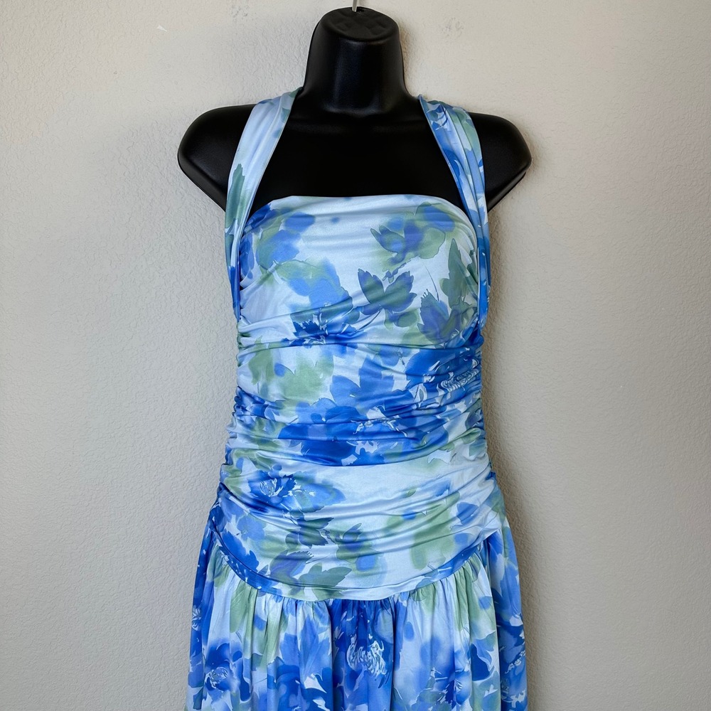 Free People Raylon Midi Dress Blue Floral Ruched Convertible Halter OB2143909 S - Picture 3 of 14